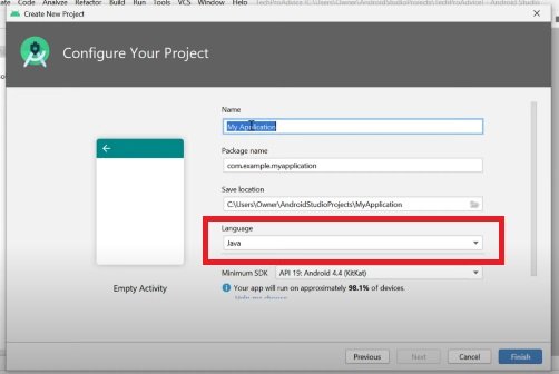 select language as java in Android Studio