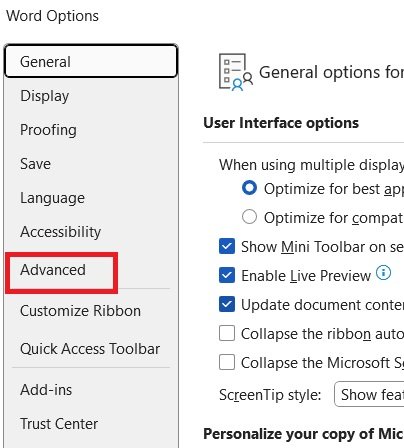 click on Advanced to Set 1 inch Margin