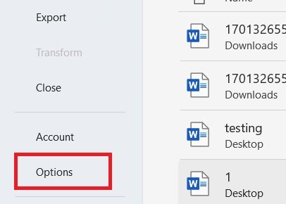 click on options to Set 1 inch Margins in Word